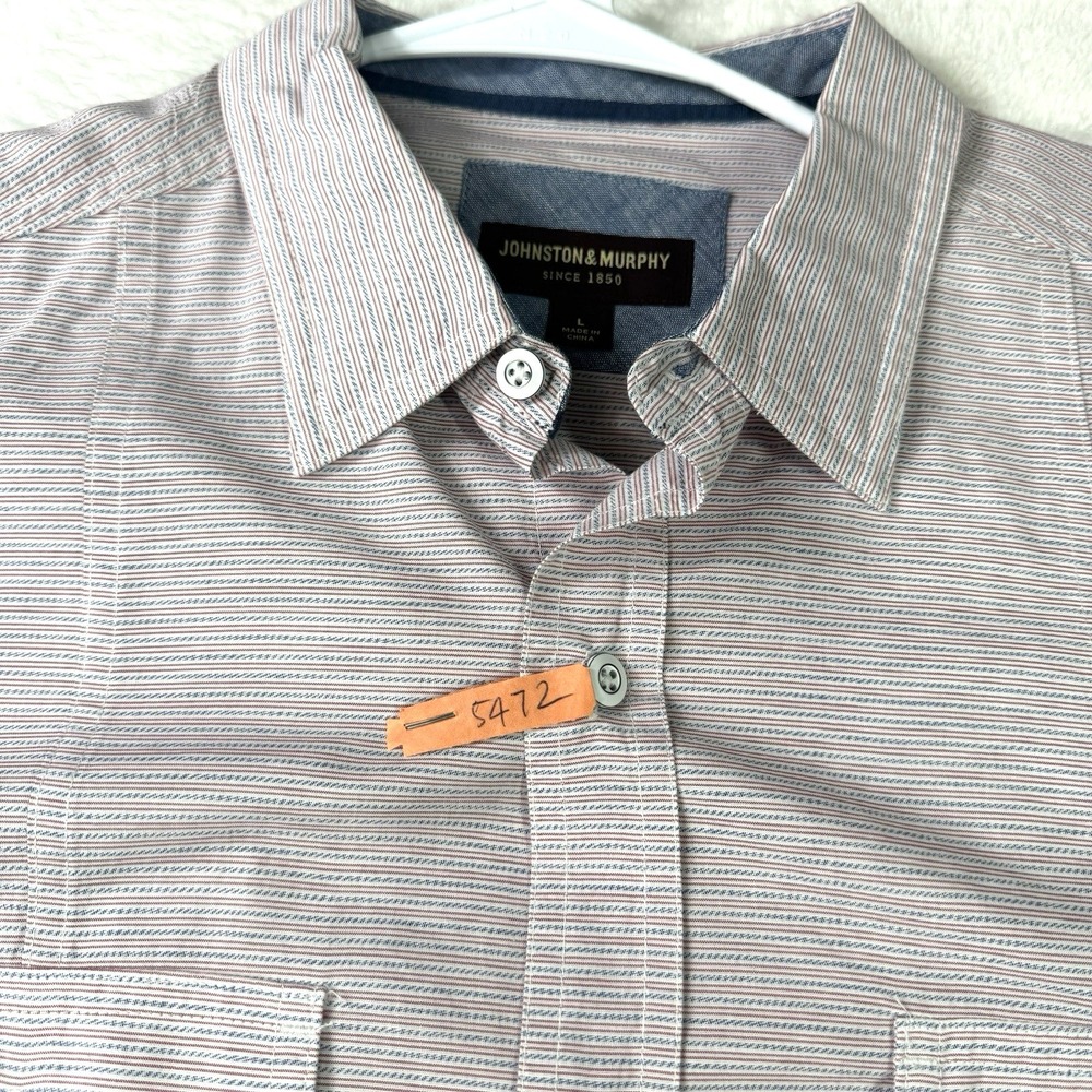 Johnson & Murphy Shirt Mens Large Blue Red Striped Short Sleeve Button Up Preppy